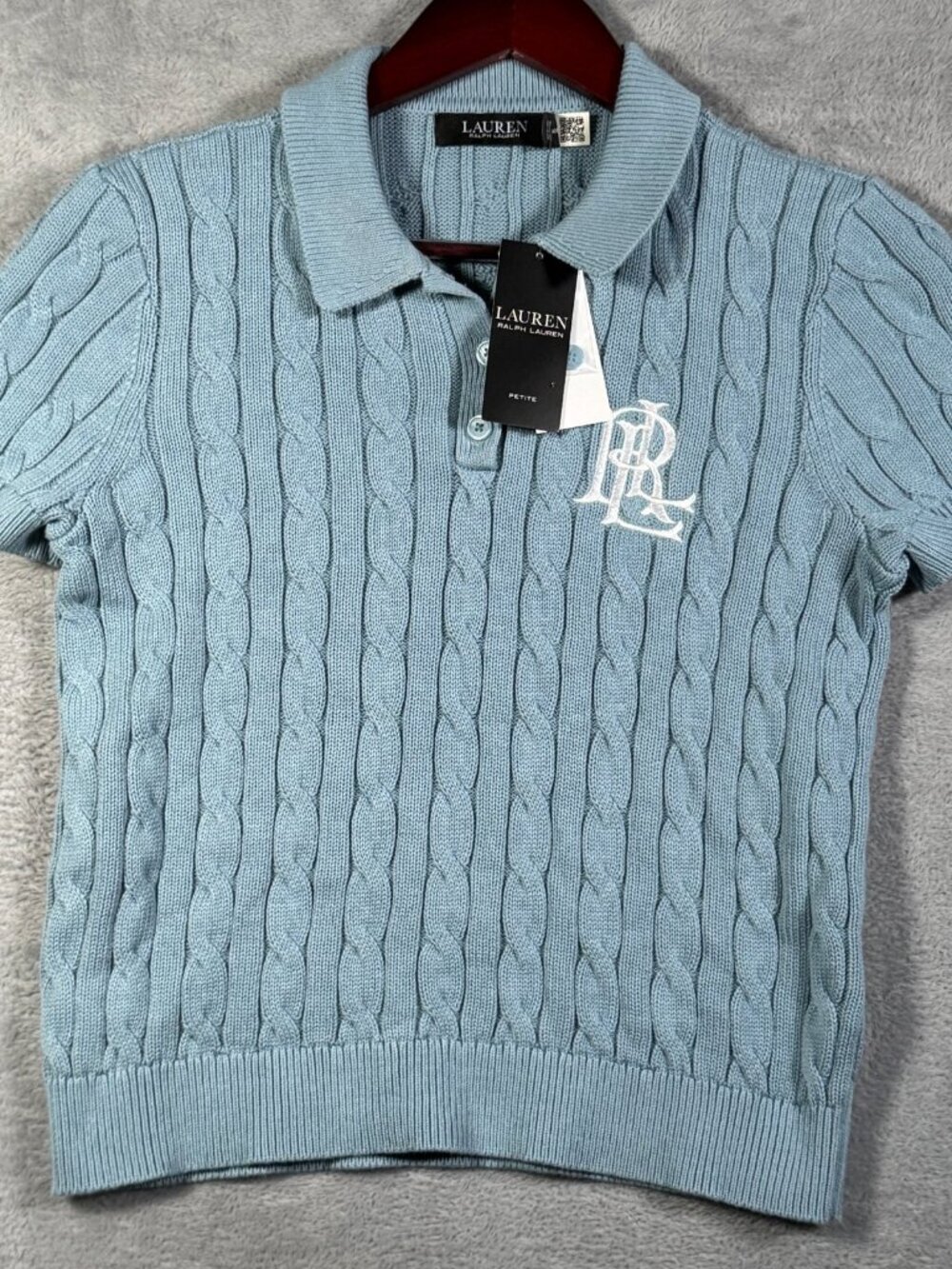 Lauren Ralph Lauren Polo Sweater Womens PM Light Blue Cable Knit Monogram $135